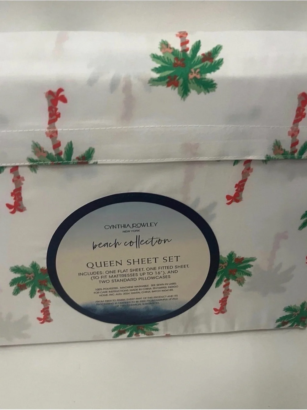 Cynthia Rowley Beach Collection Queen Size Sheet Set Bows on Palm Trees